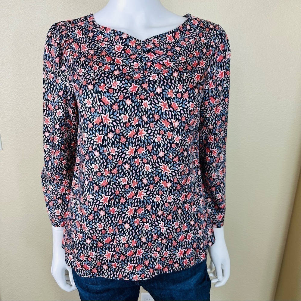 Rebecca Taylor Blouse Sz 6 Floral V Neck 3/4 Sleeves Silk Blend